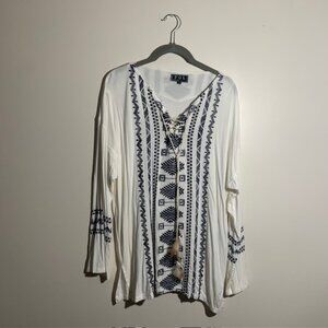 POL Boho Coastal Cowgirl Western Embroidered Tunic Feather & Tassel - Size L